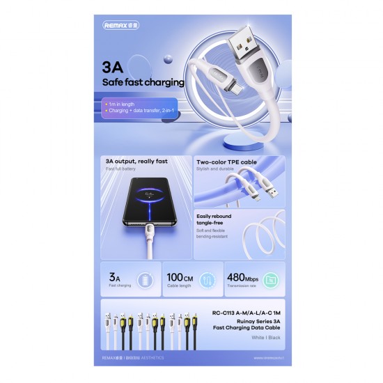 Cablu Remax RC-C113 USB to iPhone 3A Fast Charging 1 metru - Negru