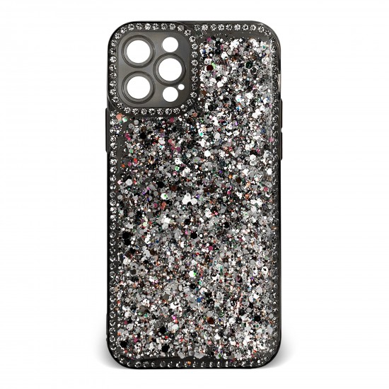 Husa spate pentru iPhone 12 Pro - Hermosa Case Negru cu sclipici si cristale