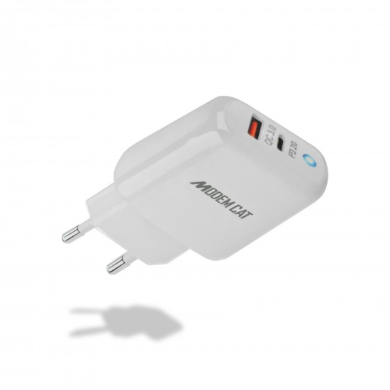 Incarcator Modem Cat Dual Port Fast Charge 20W MTC-013 - USB-typce C  Alb