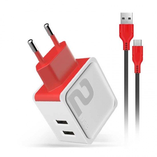 Incarcator de priza DM-20 - Fast Charge 2.4A 2xUSB + cablu microUSB - Alb