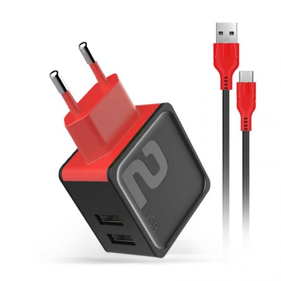 Incarcator de priza DM-20 - Fast Charge 2.4A 2xUSB + cablu microUSB - Negru