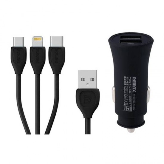 Incarcator auto dual USB Remax RCC-217 2.4A cu cablu 3-in-1
