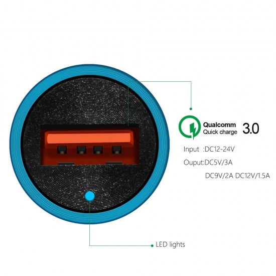 Incarcator auto metalic - 1 x USB Quick Charge - albastru